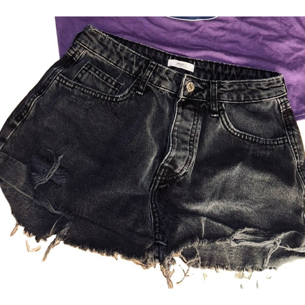 Forever 21 Women's Black Denim Cut Off Shorts High Rise Button 5-Pocket 28